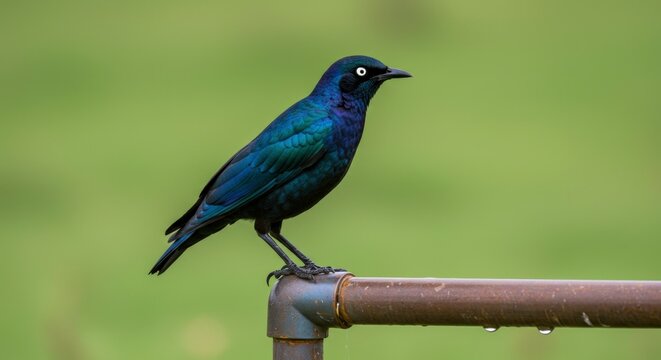 Iridescent blue starling perched on outdoor metal railing.
