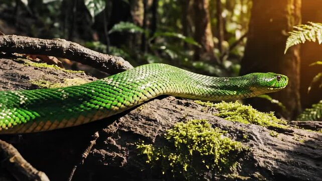 Vibrant green viper slithers across moss-covered forest log during a sun-drenched afternoon with dappled light filtering through lush tropical foliage, showcasing its scaly skin and predatory