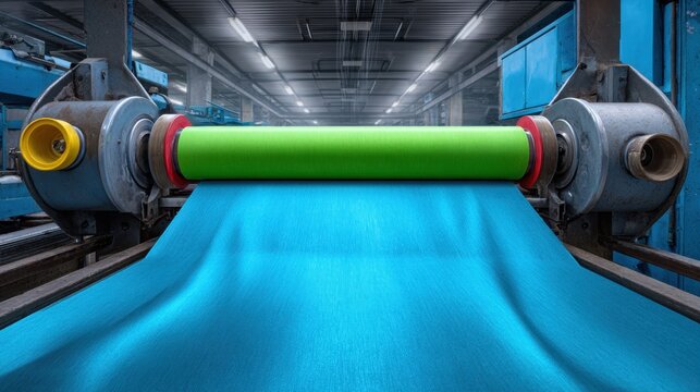 Vibrant Textile Production in Modern Factory Showing Blue and Green Fabric Rolling off Machinery in Bright Industrial Environment