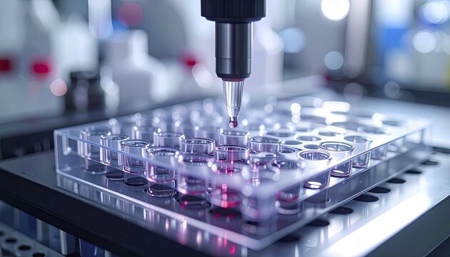 Dark red drop approaches clear wells amid cool, precise laboratory ambience, Pipette dispensing a liquid onto a multi-well plate in a clean laboratory, close up of medical equipment with blurred laboratory background, science, technology and health concept, AI generated