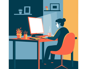 Fototapeta premium Individual Working on Computer, Indoor Workspace, Digital Illustration, Cozy Environment, Side View