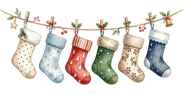 Watercolor Christmas stocking garland with festive holiday socks and ornaments isolated on white or transparent background for designs