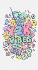 Naklejka premium Y2K Nostalgia: Retro Cell Phone & Cassette Tape Illustration. Pastel colors, whimsical shapes, and iconic symbols evoke a playful, carefree era.