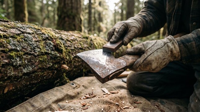 Forestry worker sharpening axe