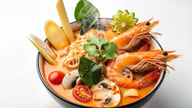 Delicious Tom Yum Goong with fresh prawns and aromatic herbs.
