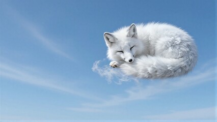 Fototapeta premium White fox sleeps peacefully on a cloud against a clear blue sky.