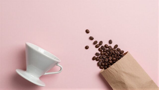 Coffee beans spill from a bag beside a white pour-over cup on pink