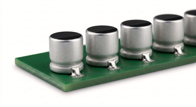 Row of miniature surface-mount aluminum electrolytic capacitors soldered to a blank green PCB. High-resolution macro, isolated on pure white background.