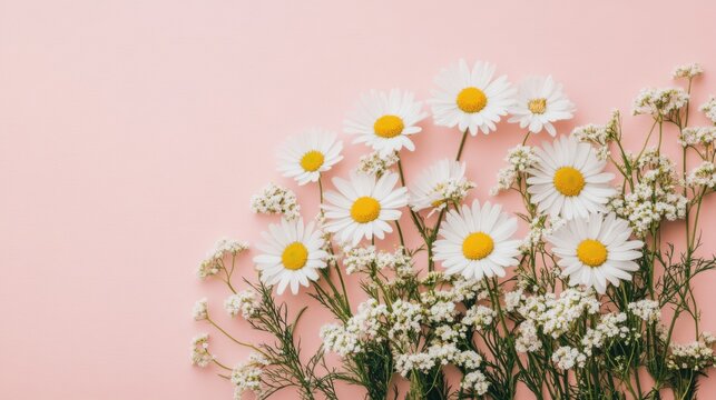 white daisies and small white flowers on pink background