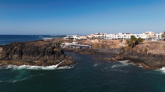 Aerial Drone View of El Cotillo Village White Houses and Coastline Fuerteventura Spain