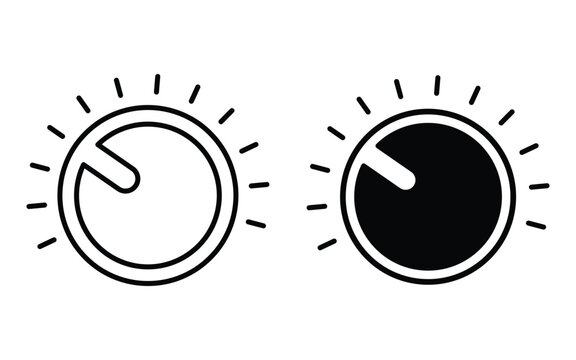 Volume control knobs icons set. Knob icon pack flat black icon. black round turning switches, knob switches high to low volume speed controller set