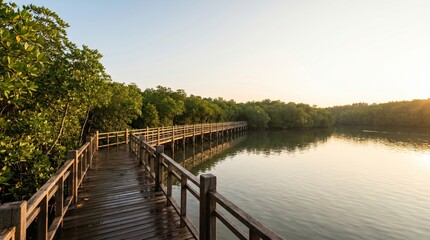 Fototapeta premium Golden Hour Over Mangrove Forest Boardwalk and Calm Water