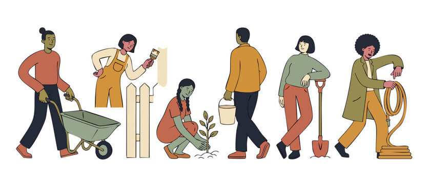 People gardening and working outdoors flat illustration set, diverse group of characters planting, painting fence, and using garden tools in a backyard setting for nature and home improvement projects