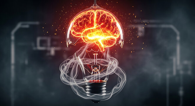 Exploding lightbulb with brain inside concept of bright ideas on transparent background