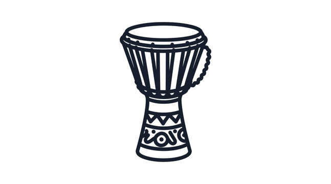 A black line drawing of a djembe drum with decorative patterns on a white background