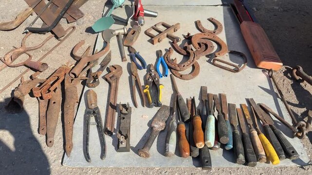 Rusty tools laid on asphalt, assorted chisels pliers cutters horseshoes and blades arranged by vendor, sunlit patina and flaking