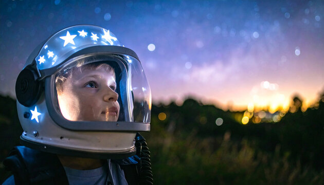 Child wears space helmet adorned with glowing stars, looking up with wonder at the night sky. Youngster dreams of future adventures in outer space exploration