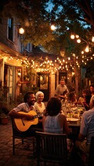 Obraz premium A Hispanic family gathered for a backyard BBQ, guitar playing, candid laughter, festive string lights