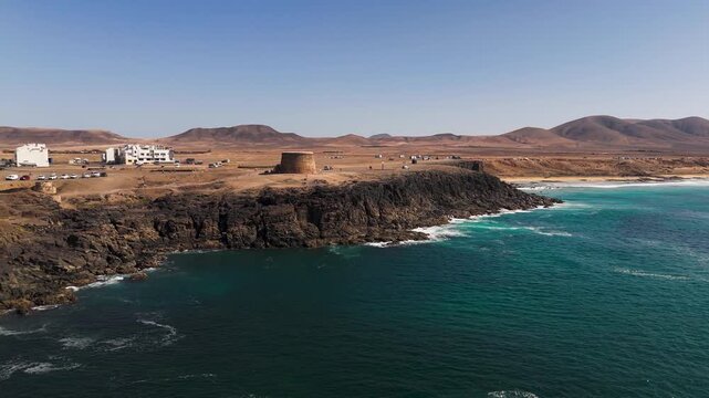 Aerial View of Castillo de El Toston and El Cotillo Harbor in Fuerteventura Spain
