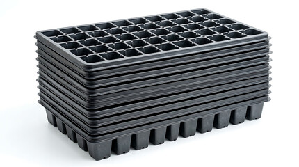 Fototapeta premium Stacked black seedling trays on a plain surface for gardening purposes