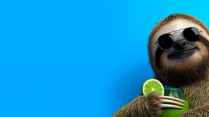 Fototapeta premium Funny sloth wearing sunglasses holding green coconut drink with lime slice on bright blue background, summer vacation concept with copy space for text
