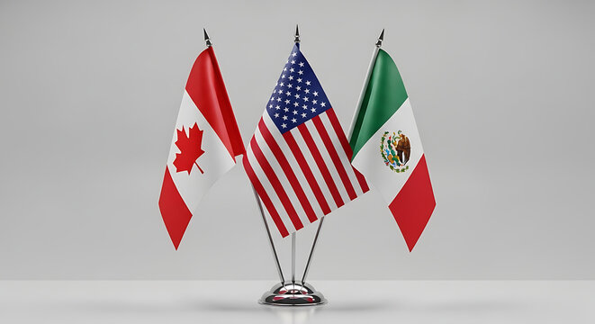 Three national flags on a stand with pole
