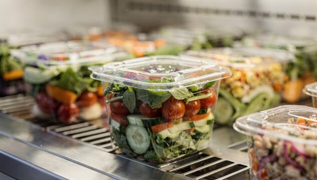 Medium shot of a grabandgo island emphasizing a selection of prepackaged salads in clear containers with one container crisply focused against a blurred backdrop.