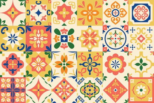 Mediterranean colorful bright pattern. Geometric tiles background. Abstract floral arabesque. Italian, Portuguese, Spanish, Moroccan, Mexican ornament. Wall and floor interior design. Mosaic. Vector.
