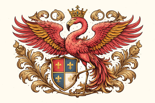 Heraldic flamingo or phoenix with royal crown for coat of arms design and shield with fleur-de-lis, hand drawn vintage engraving style with ornate gold flourishes and spread wings, vector art.