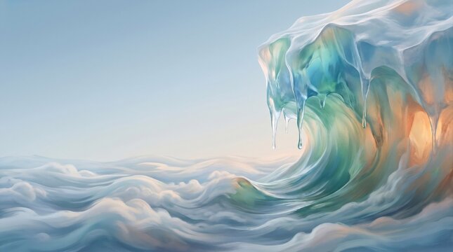 A stylized, surreal wave crests with vibrant colors, surrounded by soft, ethereal clouds, creating a dreamlike and abstract natural scene