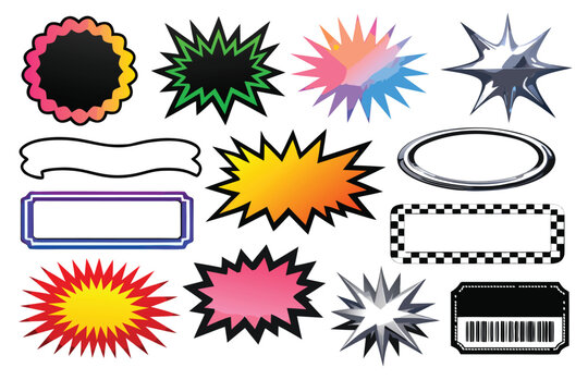 Neo Geometric Abstract Shapes Collection featuring Brutalist Scalloped Stickers, Acid Graphics Jagged Badges, Y2K Starbursts, Metallic Frames, and Retro Banners for Modern Graphic Design Layouts.