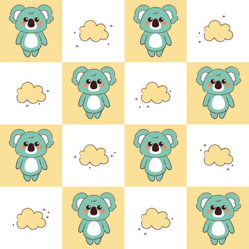 seamless pattern cute hand drawn cartoon koala with clouds in yellow patchwork style background