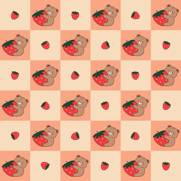 seamless pattern cute hand drawn cartoon bear holding strawberry in pink patchwork style background