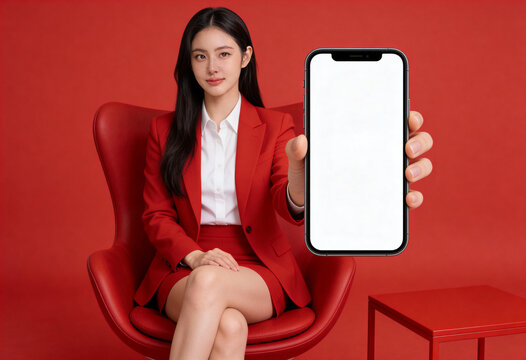 asian beautiful woman ware red dress  show blank of mobile screen