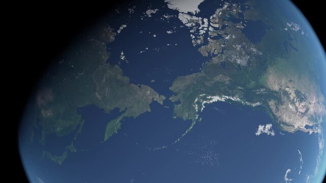 The Bering Strait, Alaska, Russia from Space, slow zoom into an orbiting Earth.