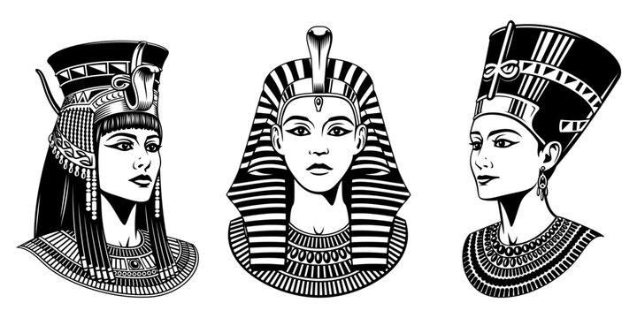 Cleopatra, Nefertiti, Hatshepsut. Egyptian Queen Pharaohs. Black and white vector cliparts.