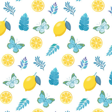 Yellow lemons and blue butterflies on a white background.Vector seamless pattern with blue butterflies and yellow bright lemons on a white background.