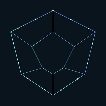 Geometric blue wireframe polygon crystal structure with white vertex nodes on a dark background illustration