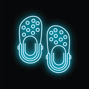 Pair of casual clogs glowing with a bright blue neon light against a dark background
