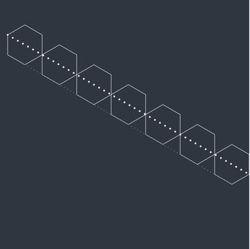 Minimalist geometric diagonal row of interlocking white line hexagons on a dark gray background illustration