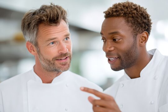 Experienced chef mentoring a junior chef in a busy professional kitchen for staff training and team communication materials