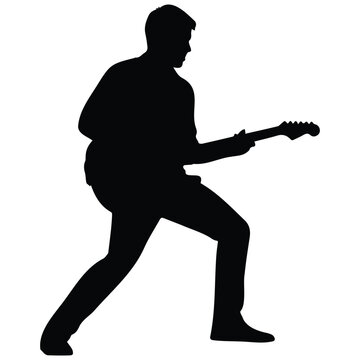 Electric guitar player silhouette performing music on stage vector illustration background.