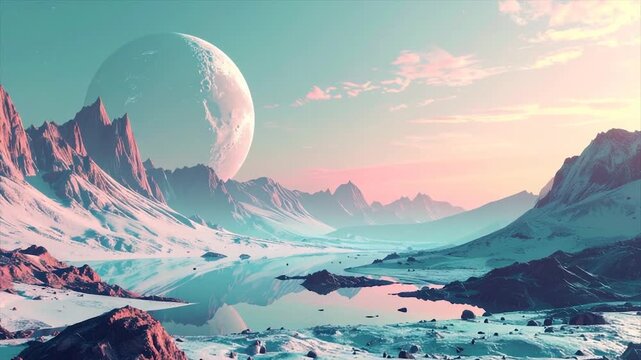 An ethereal landscape depicts snowy mountains, a still lake, and a large planet in the sky