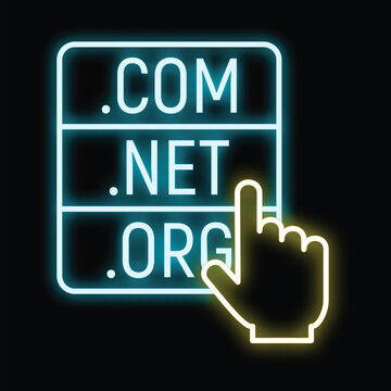 Hand mouse cursor pointing on neon tlds for website registration