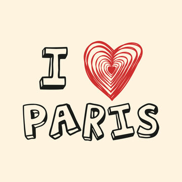 Hand-drawn I love Paris typography with a red concentric heart doodle in 3D block letters. Retro minimalist travel graphic design perfect for souvenirs, t-shirts, and posters.