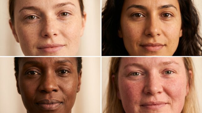 Collage of four diverse women's natural faces in close-up portraits showcasing authentic skin textures freckles and individual beauty against a soft