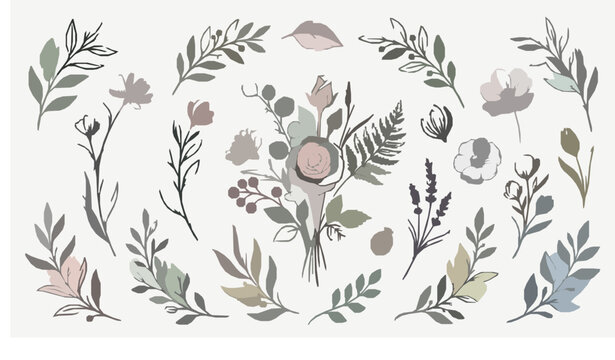 Trendy floral vector bundle with hand drawn flowers branches and pastel botanical accents