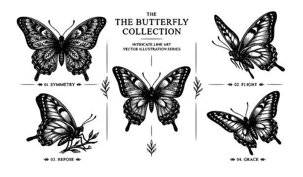 Trendy butterfly sketch vector bundle with intricate wing pattern and black ink illustration set