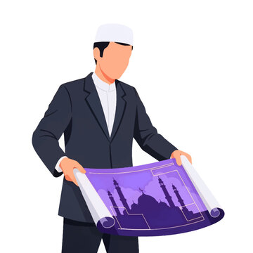 Vector illustration of a Muslim professional in a suit and skullcap reviewing a purple architectural blueprint for a mosque project.