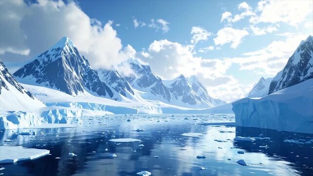 Icy landscape of snow-capped mountains and sea, with ice floes under a partly cloudy sky